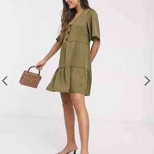 mango buttoned mini smock dress in khaki (navy green)